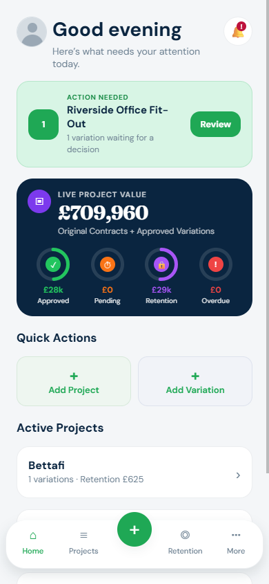 WorksDue home screen from the app — live project value, action needed, and add variation